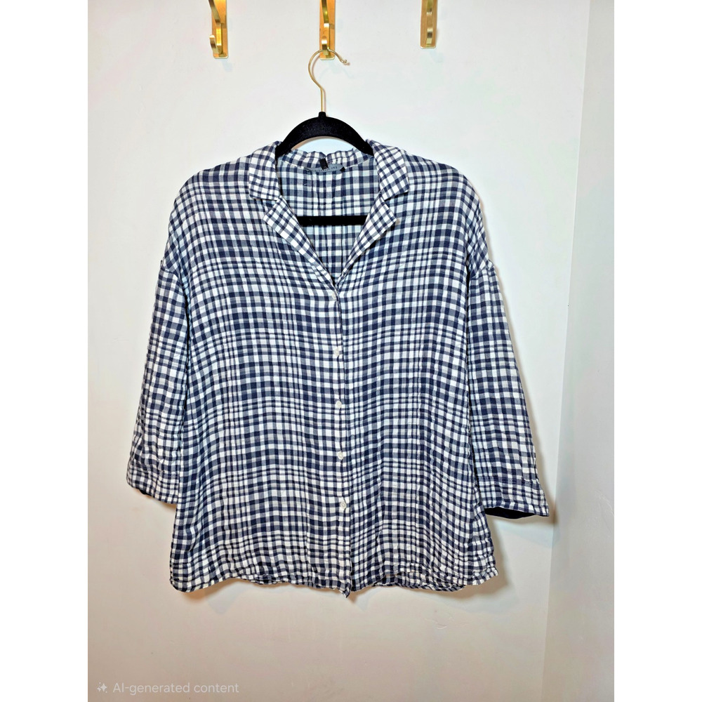 Lafayette 148 Linen Blend Blue Collared Plaid Blouse Size M